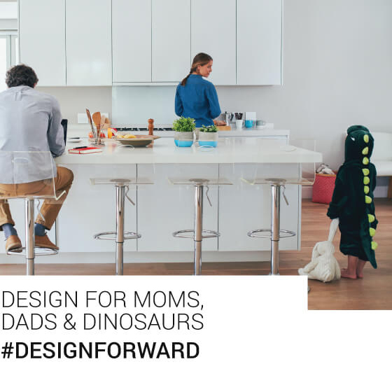 Family of 3 in the dining/kitchen area