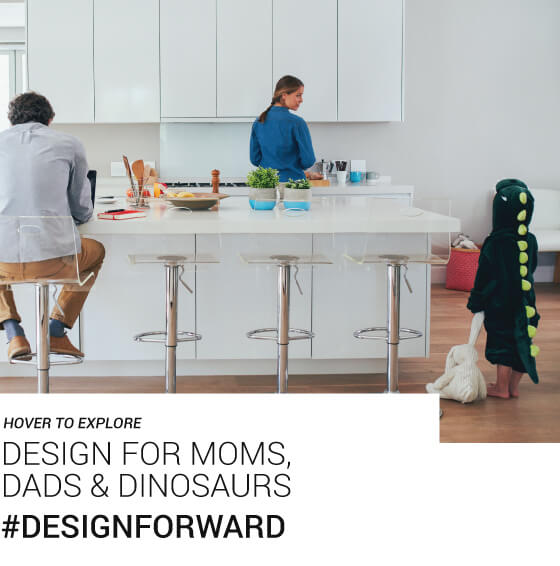 Family of 3 in the dining/kitchen area