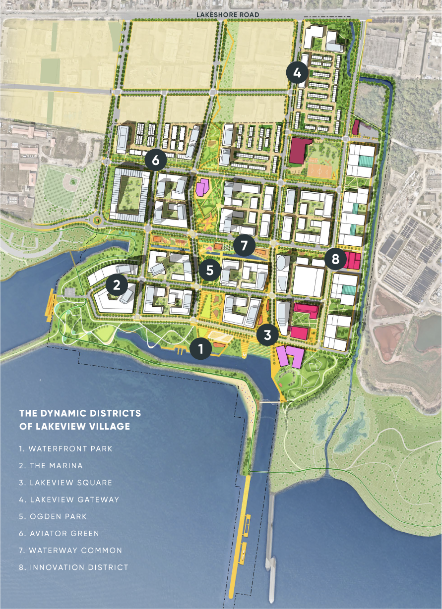 [Community Map Listing – Dynamic Districts of Lakeview Village]:
                  1. Waterfront Park
                  2. The Marina
                  3. Lakeview Square
                  4. Lakeview Gateway
                  5. Ogden Park
                  6. Aviator Green
                  7. Waterway Common
                  8. Innovation District